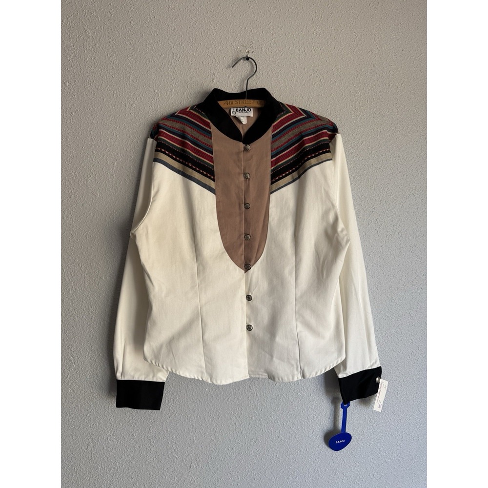 Vintage 90s BANJO Dallas Texas Western Shirt (L) Made In USA Aztec Cowboy Womens